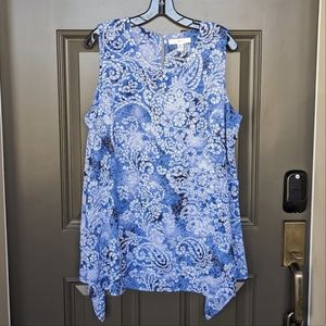 Ladies Large Blue Abstract Paisley Sheer Double Layer Scoop Neck Tunic